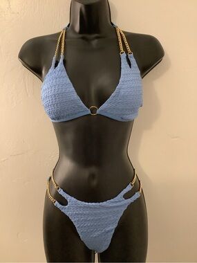 SHEIN Light Blue Textured Chain-Accent Bikini